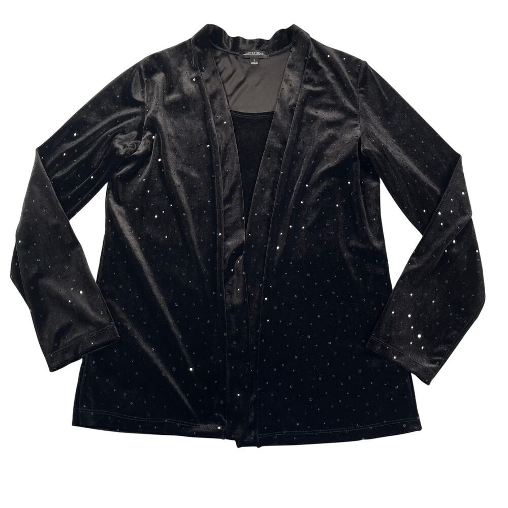 Notations Cardigan Twofer Top Small Black Velvet Pailette Sequin Vtg Glam Goth